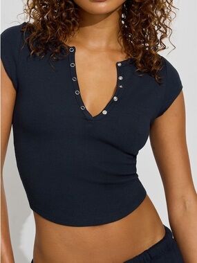 Garage Navy blue Henley Short Sleeve button down